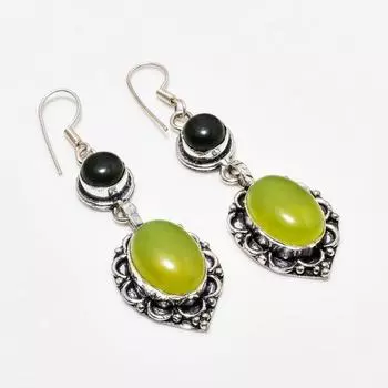 Серьги из серебра 925 пробы с драгоценным камнем перидот и черный оникс 2,38 дюйма