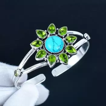 Peridot, Citrine Gemstone Handmade Cuff Bangle 925 Sterling Silver Cuff Bangle, Turquoise Flower Shape Bracelet For Wife, Unisex Bangle, Love Gift 7 зелёный