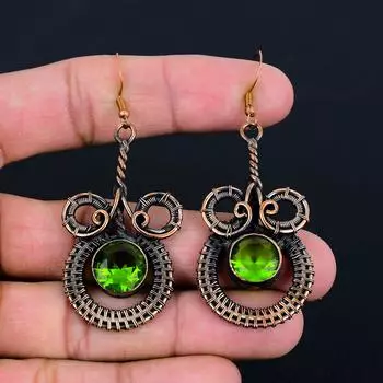 Перидот драгоценный камень ручной работы из чистой медной проволоки серьги ювелирные изделия для женщин 2.56 Inches зелёный