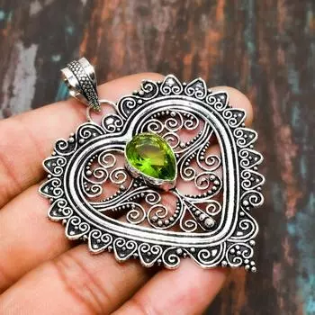 Перидот, драгоценный камень, стерлинговое серебро 925 пробы, красивая ювелирная подвеска ручной работы 2.46 Inches зелёный