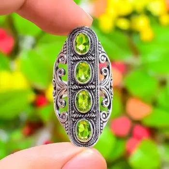 Peridot Gemstone Handmade 925 Sterling Silver Jewelry Ring Size 8.5 G5E93