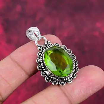 Peridot Jewelry, 925 Solid Sterling Silver Gemstone Pendant, Handmade Dainty Jewelry Gift For Her 1.65 Inches зелёный