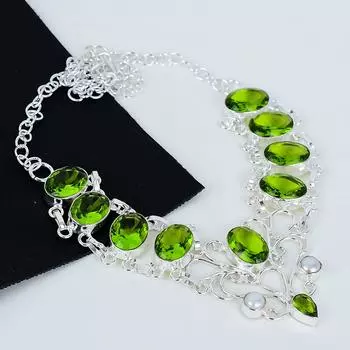 Перидот, Ювелирное ожерелье из жемчуга, Ожерелье из стерлингового серебра 925 пробы, Ювелирное ожерелье ручной работы, Ожерелье из перидота для мамы, Свадебные украшения 20 зелёный