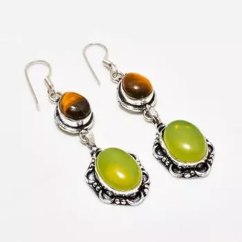 Серьги с драгоценным камнем тигровый глаз и перидотом, посеребренные 925 пробы, 2,46 дюйма