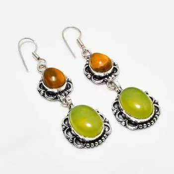 Серьги с драгоценным камнем тигровый глаз и перидотом, посеребренные 925 пробы, 2,46 дюйма