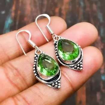 Перидот, ювелирные серьги ручной работы из стерлингового серебра 925 пробы с драгоценными камнями для женщин 1.59 Inches зелёный