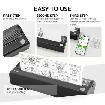 PeriPage A4 Paper Printer Direct ThermoTransfer 304dpi Беспроводной Мобильный Принтер 210 мм Мини Мобильный чёрный