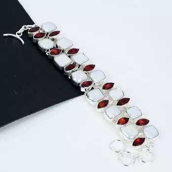 Перламутр, красный гранатовый браслет Мать жемчуг Драгоценный камень Ручная работа Браслет из стерлингового серебра 925 пробы Ювелирные изделия Браслет для подарка Ювелирные изделия для мамы 8