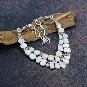 Перламутр, Мистик, Ожерелье с драгоценными камнями из кунцита, Ювелирные изделия из цельного серебра 925 пробы, Ожерелье ручной работы для свадебного подарка Adjustable with 18 inches белый/розовый