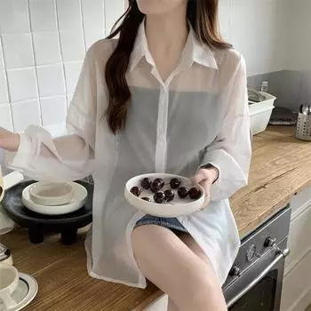 Перламутровая пряжа, шифоновая длинная рубашка с лацканами, однобортная рубашка с однотонным рукавом, женская цветная тонкая солнцезащитная рубашка S серый