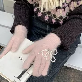 Перламутровые банты женские кашемировые вязаные перчатки зимние утепленные варежки с полными пальцами перчатки для езды на велосипеде на запястье One Size