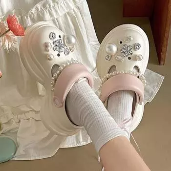 Перламутровый темперамент однопедальные нескользящие туфли с толстой подошвой, женская новинка 2025 года, летняя верхняя одежда, наступая на дерьмо, тапочки с мешком на голове 34 чёрный