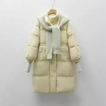 Перо Белый утиный пух Зимнее новое свободное пальто средней и длинной длины с капюшоном и съемной вязаной шапкой Пуховик женский S розовый