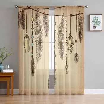 Перо племенная культура линии ретро тюль прозрачные оконные шторы для гостиной кухни детской спальни вуаль подвесные занавески W135 x H114cm