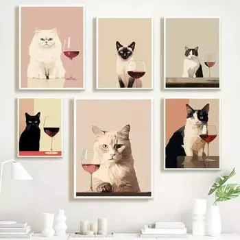 Персидский кот пьет угрюмое вино, холст, живопись, постеры, забавные животные, сиамские принты, настенная картина для украшения гостиной 21x30cm No Framed