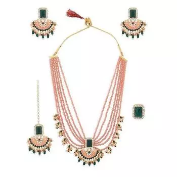 Персиково-зеленый комплект из нескольких нитей свадебного ожерелья, серег Maangtikka и колец для женщин