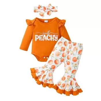 Персиковый комплект для девочки, комбинезон с длинными рукавами и принтом букв, эластичный пояс, повязка на голову, комплект из 3 предметов на осень 0-3 Months оранжевый