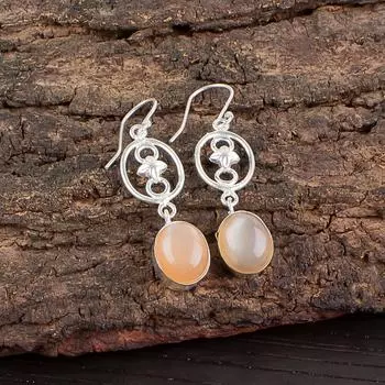 Персиковый Лунный Камень Драгоценный Камень 925 Стерлинговое Серебро Ювелирные Изделия Ручной Работы Серьги 2.00 EE-17-29