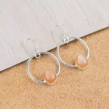 Персиковый Лунный камень Драгоценный камень 925 Стерлинговое серебро Ювелирные изделия ручной работы Серьги 1,37 EE-67-32