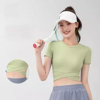 Персиковый облегающий бесшовный костюм для йоги с открытым пупком и короткими рукавами, обтягивающий топ для фитнеса с высокой талией для женщин L чёрный/звезда