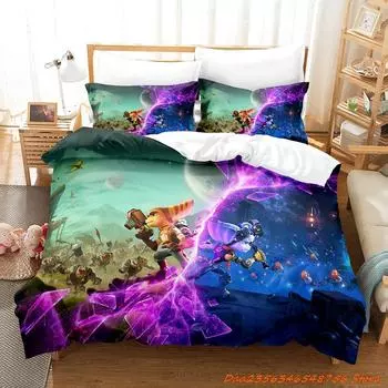 Персональная игра Аниме Ratchet Clank Rift Apart Комплект постельного белья из мультфильма Комплект из трех предметов для взрослых и детей, наборы пододеяльников 3D Ka AU Single(140x210cm)