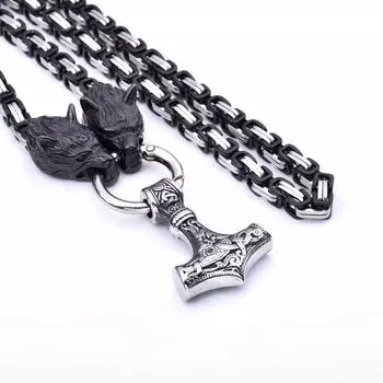 Персональный взрыв мужское ожерелье из нержавеющей стали в виде головы викинга-волка и молота Тора, ожерелье императора 40