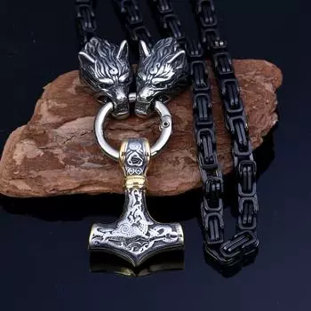Персональный взрыв, мужское ожерелье из нержавеющей стали, голова волка викингов, громовой молот, ожерелье, императорское ожерелье, индивидуальное ожерелье 40