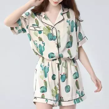 Персоналии Свежий Кактус Принт Классическая Пижама Для Сна Женская Летняя Повседневная Короткая Домашняя Одежда Для Отдыха Новый Женский Домашний Комплект L зелёный