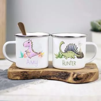 Personalised Dinosaur Letter Mugs Cute Enamel Coffee Mug Milk Drink Juice Cup Gifts for Her Birthday Mothers Day Cute Girls 301-400ml