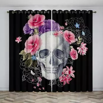 Персонализация 3D Печать Черный Таинственный Череп Роза Шторы 2 Панель Гостиная Спальня Балкон Кабинет Декоративные Шторы 50W130H(CM)x2&Hook