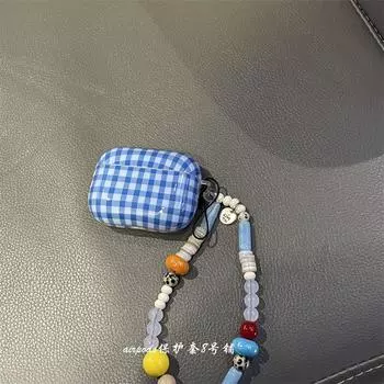 Personality Blue Plaid Applicable to Apple AirPods Pro1 Generation 2 Generation 3 Generation 4 Generation Bluetooth Earbuds Case Protective Case Apple AirPods 4 Plaid earring case + ornaments