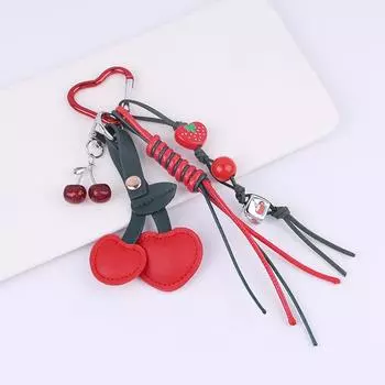 Personality Cherry Keychain Cute Sweet Leather Fruits Keyring Car Key Holder Bag Pendant Decoration Girls Gifts красный