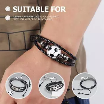Personality Football Beads Decor Rope Woven Bracelet, Handwoven Sporty Style Adjustable Wristband PU Football Braided Bracelet