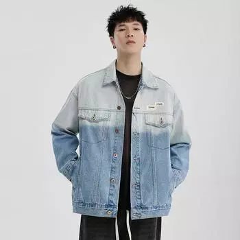 Личность Постепенное Изменение Выстиранная Джинсовая Куртка Длинный Рукав Американская Универсальная Свободная Повседневная Тренд Повседневная Удобная Куртка Мужская S