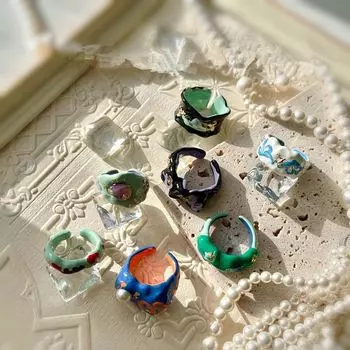 Personality Korean Painted Flower Pearl Dripping Oil Finger Rings Open Ring Fashion Jewelry Zinc Zinc Alloy синий