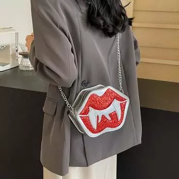 Personality Trendy Women s Shoulder Bag Flame Red Lips Vampire Sequin Decoration Female Messenger Bag For Halloween Party