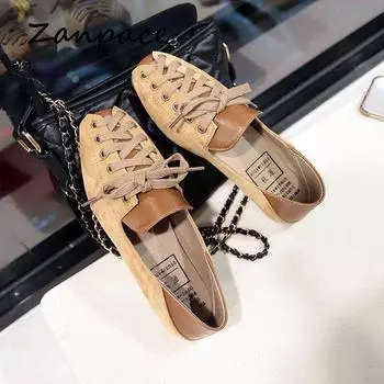 Personality Women Shoes 2024 Spring Lace-Up Casual Loafers Fashion Soft Square Toe Flats for Women Shoes Black Loafers Women 5 чёрный