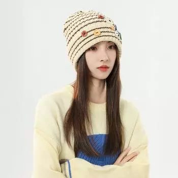 Personalized button wool hat scarf two-piece set women s autumn knitted stacking hat showing face small stacking hat hat circumference 56cm-60cm