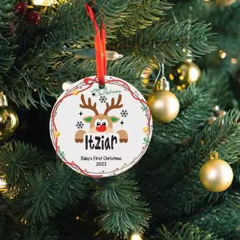 Personalized Christmas Reindeer Wreath Enamel Ornament for Baby with Name Babys First Christmas Enamel Ornament 2024 Gift