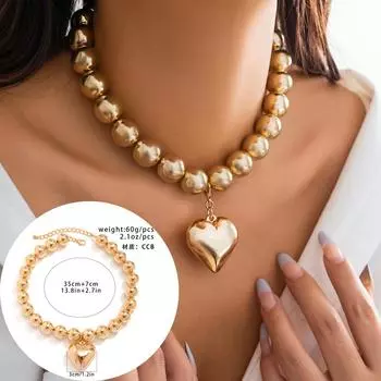Personalized Cyberstyle Multi-layer Round Bead Peach Heart Necklace