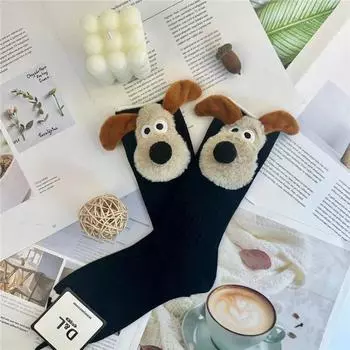 Personalized Fashion Socks 3D Cartoon Big Ears Dog Socks Plush Cloth Doll Socks Spring and Autumn Sweet Breathable Middle Socks 35-40