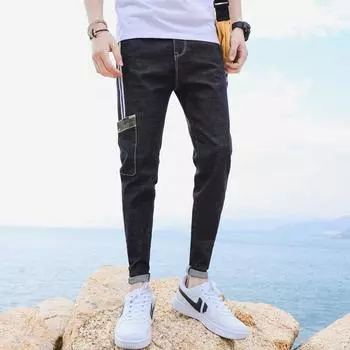 Personalized Pocket Trend Men s Crop Pants High End Jeans Men s Ribbon Lace Mid Waist Small Leg Jeans 27