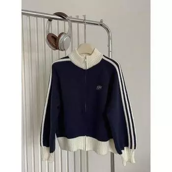 Personalized simple contrasting color zipper cardigan sweater winter new women s clothing long-sleeved stand-up collar loose top S синий