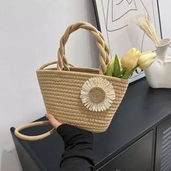 Персонализированная плетеная сумка Trend Basket Flower для пляжного отдыха на одно плечо через плечо, маленькая, свежая, повседневная, шикарная женская сумка хаки