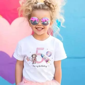 Персонализированная футболка с надписью «Астронавт» на день рождения для девочек от 1 до 9 лет, футболка с индивидуальным именем для детей, топы для вечеринки в стиле «Космическая вечеринка» для девочек 3T(100cm)