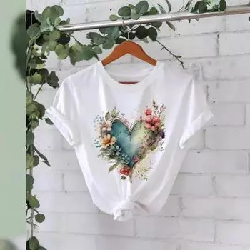 Персонализированная футболка Женская летняя футболка из чистого хлопка с принтом «Цветок любви» S