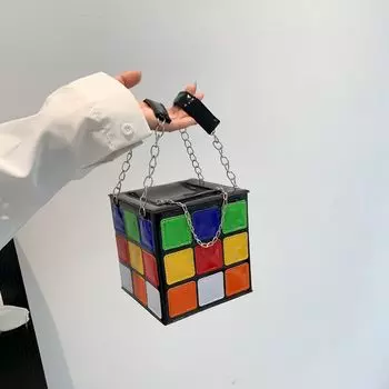 Персонализированная креативная сумка женская 2024 новая контрастная цветная модная симпатичная сумка в форме кубика Рубика с цепочкой переносная косая сумка чёрный