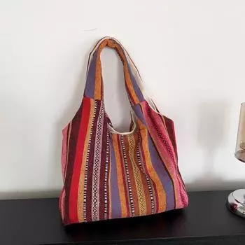 Персонализированная модная холщовая полосатая женская сумка 2024 года, зимняя, в этническом стиле, в иностранном стиле, большая вместимость, портативная сумка через плечо для женщин чёрный