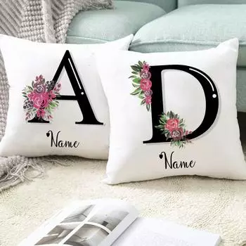 Персонализированная наволочка с именем, цветком и буквами, алфавитный принт, чехол для пыли, украшение для спальни, белая квадратная наволочка
