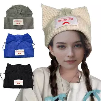 Персонализированная шерстяная шапка с кошачьими ушками, парная вязаная шерстяная шапка, симпатичные теплые осенние и зимние мужские и женские шапки